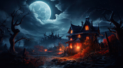 Abandoned haunted house refuge of spirits moonlit night 3d illustration. Generative Ai