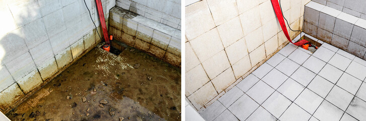 Before and after cleaning the swimming pool. Preparation the dirty pool after winter before the...