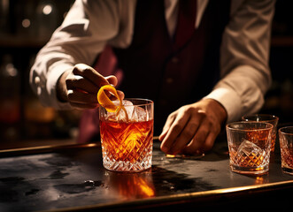 an Italian bartender preparing an alcoholic drink by  adding an orange peel  - obrazy, fototapety, plakaty