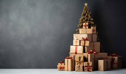 A stack of wrapped Christmas presents against a plain wall