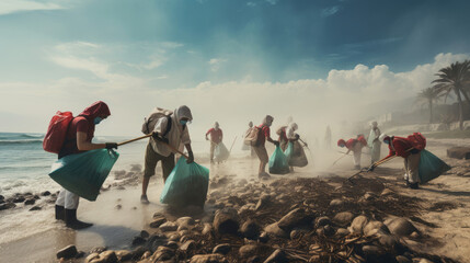 people on the beach cleaning trash