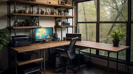 Industrial-style home office with a reclaimed wood desk Design, a metal bookshelf, AI Generated