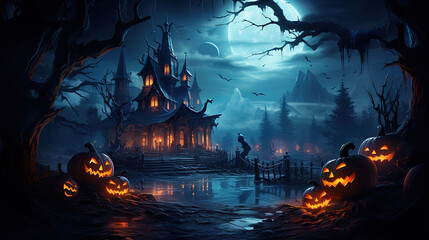 Fototapeta na wymiar Creepy haunted house at spooky halloween night, Bright color. Generative Ai