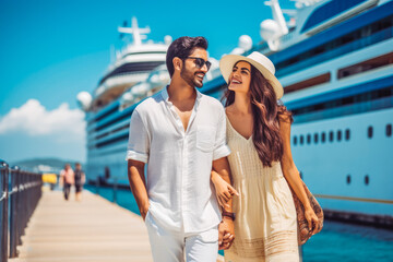 Indian couple going on cruise in summer. Happy young travelers going on cruise together. - obrazy, fototapety, plakaty