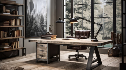 Industrial-style home office with a reclaimed wood desk Design, a metal bookshelf, AI Generated