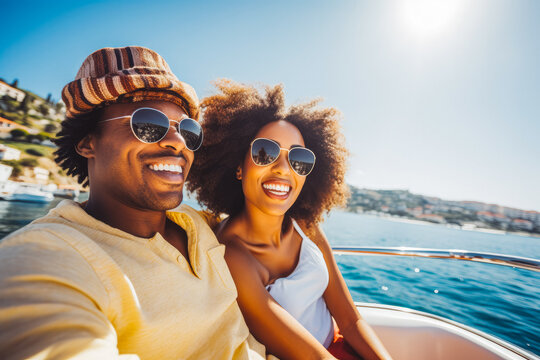 African couple going on cruise in summer. Happy young travelers going on cruise together.