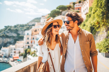 Multiethnic couple traveling in Italy in summer. Happy young travelers exploring in city.