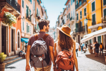 Multiethnic couple traveling in Portugal in summer. Happy young travelers exploring in city.