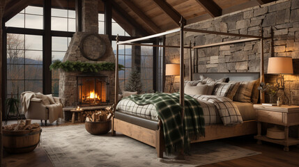 Design of cozy and rustic bedroom with a wooden four-poster bed, plaid bedding, and a stone fireplace. earthy color with shades of brown, beige, and green, AI Generated