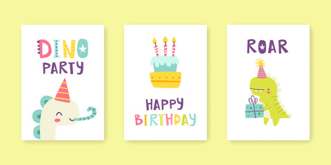 Children's birthday greeting cards set with cute dino. Kids birthday prints collection with abstract dinosaurs.