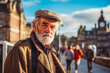 Man traveling in Edinburgh. Happy older traveler exploring in city. - obrazy, fototapety, plakaty