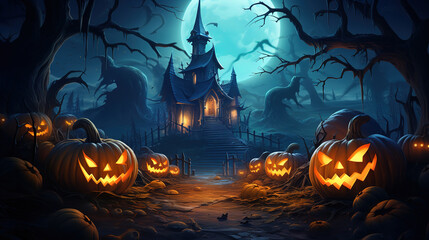 Fototapeta na wymiar Halloween background illustration with dark house and pumpkins. Generative Ai