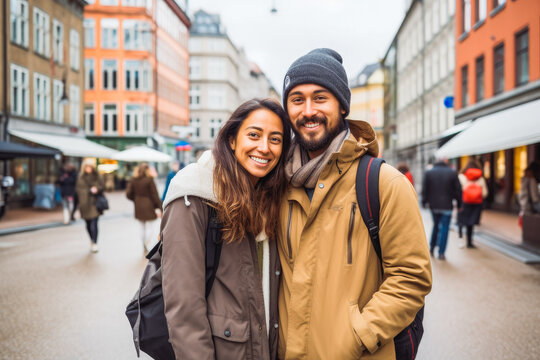 Multiethnic couple traveling in Oslo. Happy young travelers exploring in city.