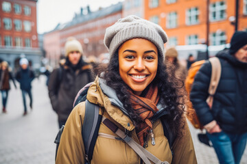 Multiethnic woman traveling in Oslo. Happy young traveler exploring in city. - obrazy, fototapety, plakaty