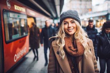 Caucasian woman traveling in Oslo in autumn. Happy young traveler exploring in city. - obrazy, fototapety, plakaty