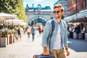 Caucasian man traveling in oslo in summer. Happy young traveler exploring in City. - obrazy, fototapety, plakaty