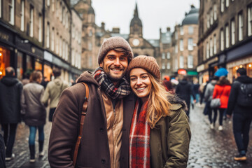 Fototapeta premium Multiethnic couple traveling in Edinburgh in autumn. Happy young travelers exploring in city.