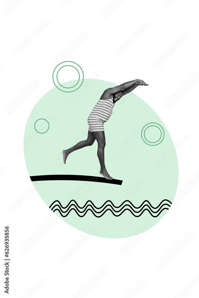 Sticker vertical abstract creative composite photo collage of funny satisfied man jumping in pool at resort 