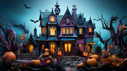 Fototapeta na wymiar Halloween house, Bright color. Generative Ai