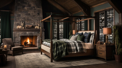 Design of cozy and rustic bedroom with a wooden four-poster bed, plaid bedding, and a stone fireplace. earthy color with shades of brown, beige, and green, AI Generated
