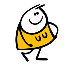 Obraz premium Cheerful young stickman woman tries on a yellow dress in a clothing store. Vector illustration of beauty and fashion.