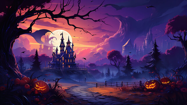 Halloween landscape with moon, castle, house, tree. Generative Ai