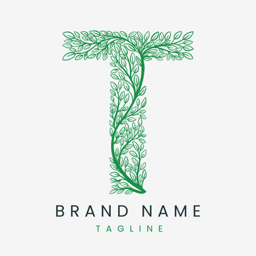 Letter T Tree Branch, Formed From Twigs Leaves Logo Design