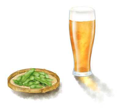  A beer glass and green soybeans on a bamboo basket (no shadow), painted by digital watercolor