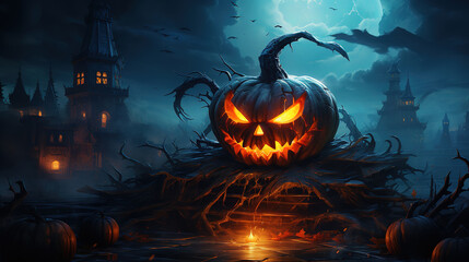 Orange halloween banner with pumpkin spider and bats. Generative Ai