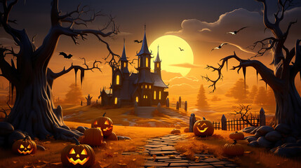Happy halloween night background with nice pumpkins and castle, bats, silhouette. Generative Ai