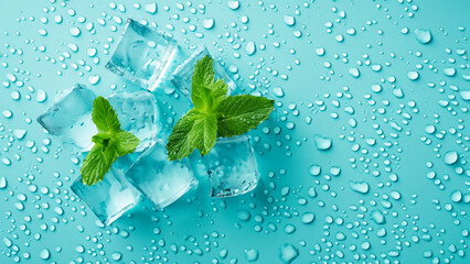 Top view photo of mint leaves ice cubes and water drops on isolated pastel blue background