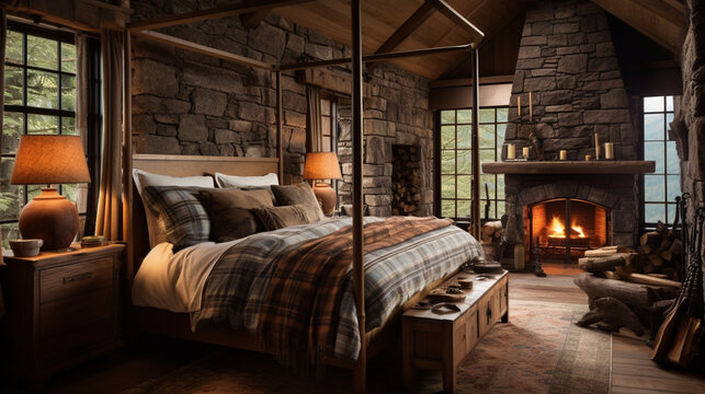 Design of cozy and rustic bedroom with a wooden four-poster bed, plaid bedding, and a stone fireplace. earthy color with shades of brown, beige, and green, AI Generated © AlexCaelus