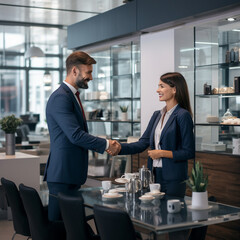 Fototapeta premium Business man and business woman shaking hands. Generative AI.