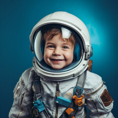 Boy dressed as an astronaut on a blue background. Generative AI.