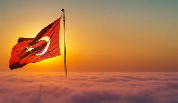 turkish flag and sunset background on clouds