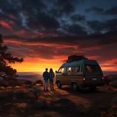 Fototapeta na wymiar Couple on top of a campervan looking at the landscape. Generative AI.