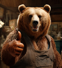 a funny bear gives a thumbs up in a workshop
