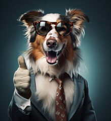 portrait of a cool dog showing a thumbs up wearing sunglasses and  a suit - obrazy, fototapety, plakaty