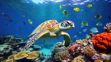 Fototapeta na wymiar turtle with Colorful tropical fish and animal sea life in the coral reef, animals of the underwater sea world