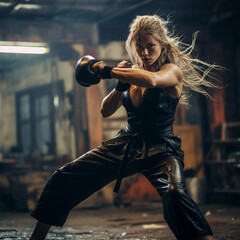 Woman doing martial arts. Generative AI.