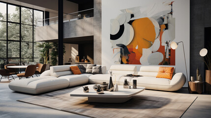 Ultra-modern living room with a sofa design, coffee table, and rug, AI Generated