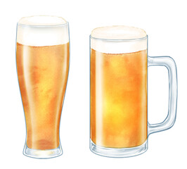 Beer mug and beer glass drawn with digital watercolor