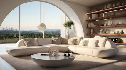 Fototapeta na wymiar Ultra-modern living room with a sofa design, coffee table, and rug, AI Generated
