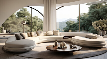 Fototapeta na wymiar Ultra-modern living room with a sofa design, coffee table, and rug, AI Generated