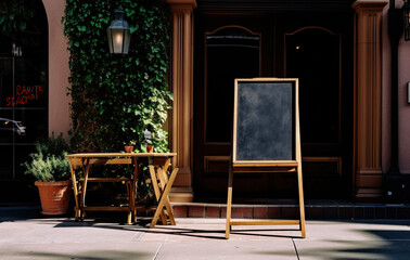 Blank black board at the entrance of a restaurant created with Generative AI technology