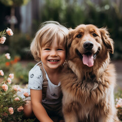 Happy child next to a dog in the garden. Generative AI.