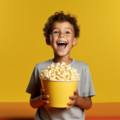 Happy child with popcorn. Generative AI. - obrazy, fototapety, plakaty