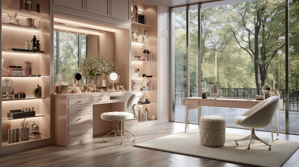 Fototapeta na wymiar A glamorous dressing room for a fashionista with a vanity table, glass window, feminine and luxurious space, AI Generated