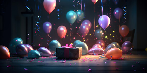 Interior of living room, apartment decorated balloons, lights, confetti. Celebration, holidays, anniversary. background for birthday party. Photo Zone.Generative Ai