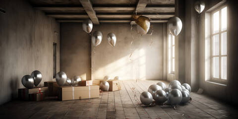 Interior of living room, apartment decorated balloons, lights, confetti. Celebration, holidays, anniversary. background for birthday party. Photo Zone.Generative Ai
